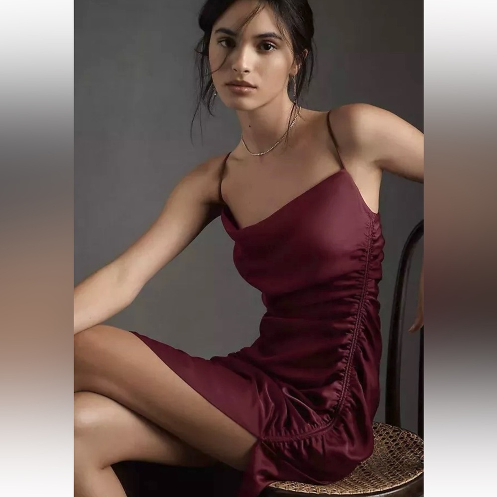 BHLDN Jennings Ruched Side Slit Satin Charmeuse Dress NEW Size 2 Dark Berry